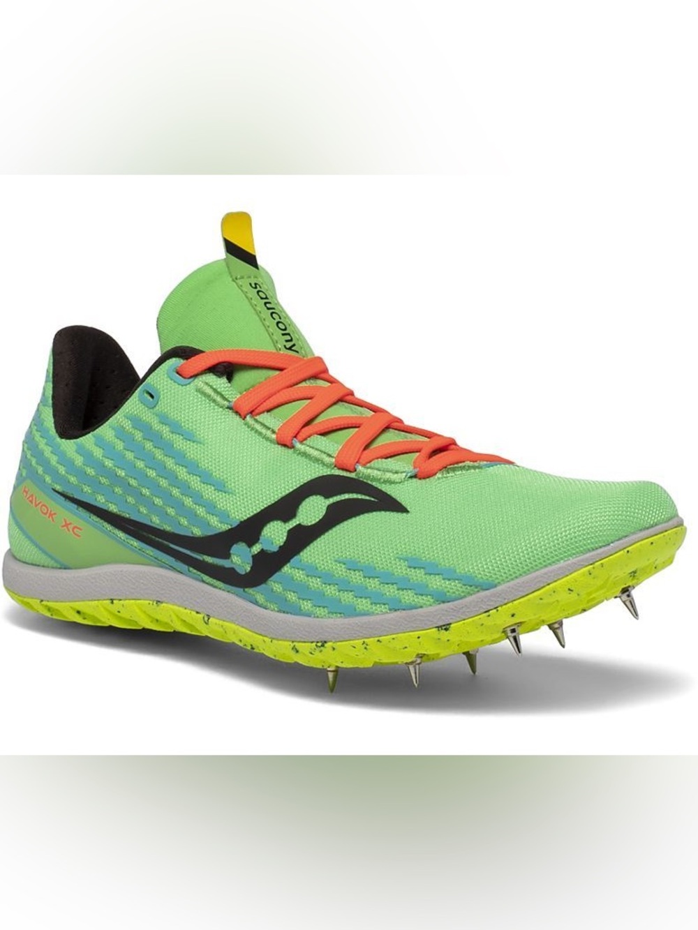 Saucony Neon Green Racing Spike with Orange Laces